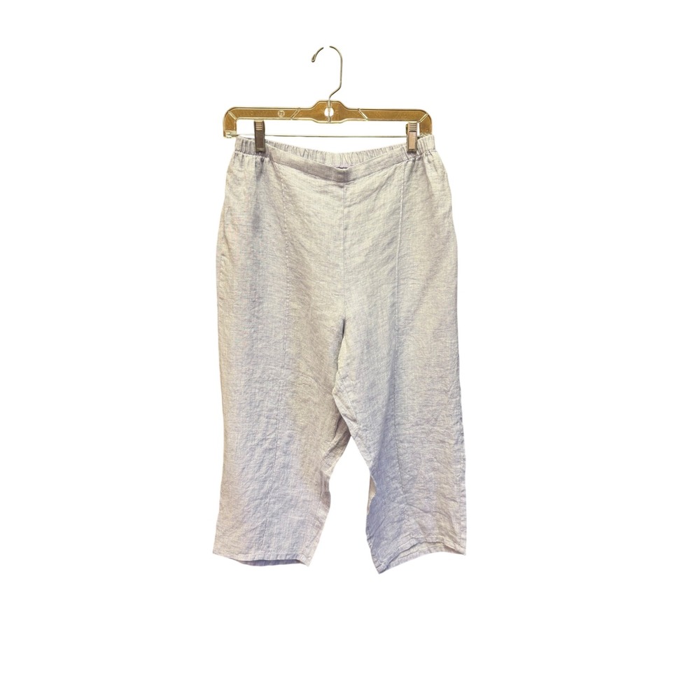 Flax 100% Linen Purple Pinstripe Crop Pants Elastic Waist Relaxed Small